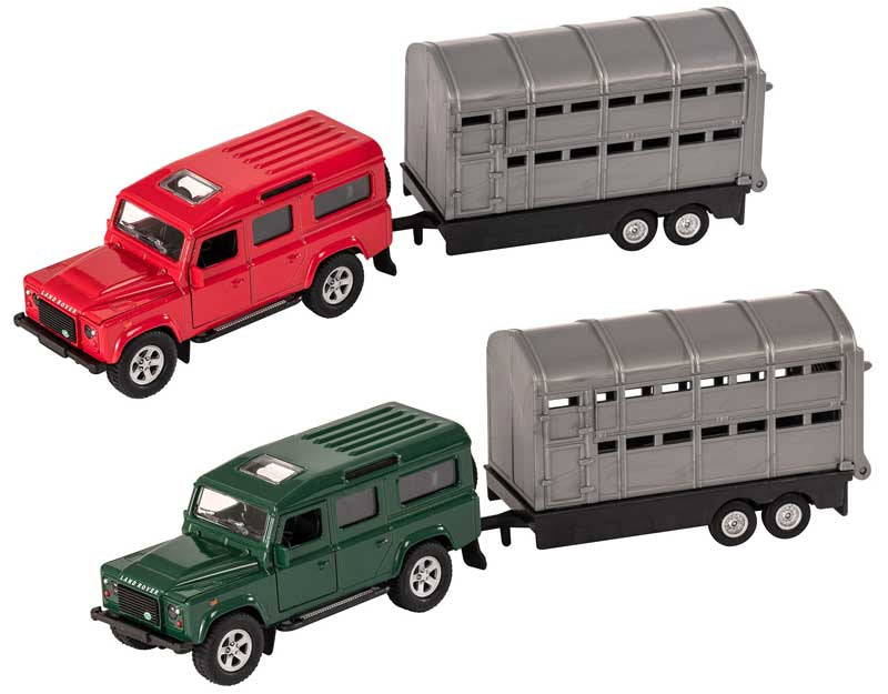 4X4 GREEN OR RED LAND ROVER CAR WITH SILVER LIVESTOCK TRAILER 1:43 SCALE TEAMSTERS