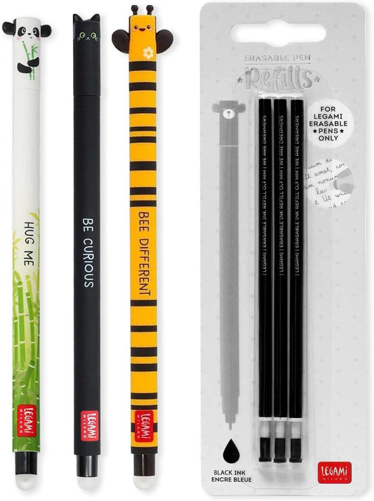 Legami - Panda, Cat & Bee Erasable Gel Pens + 3 Black Ink Refills